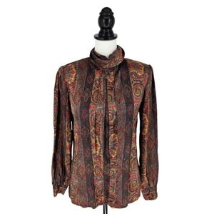 Vintage Nicola Satin Blouse Women Size 6 Paisley Mock Neck Back Button‎ Academia